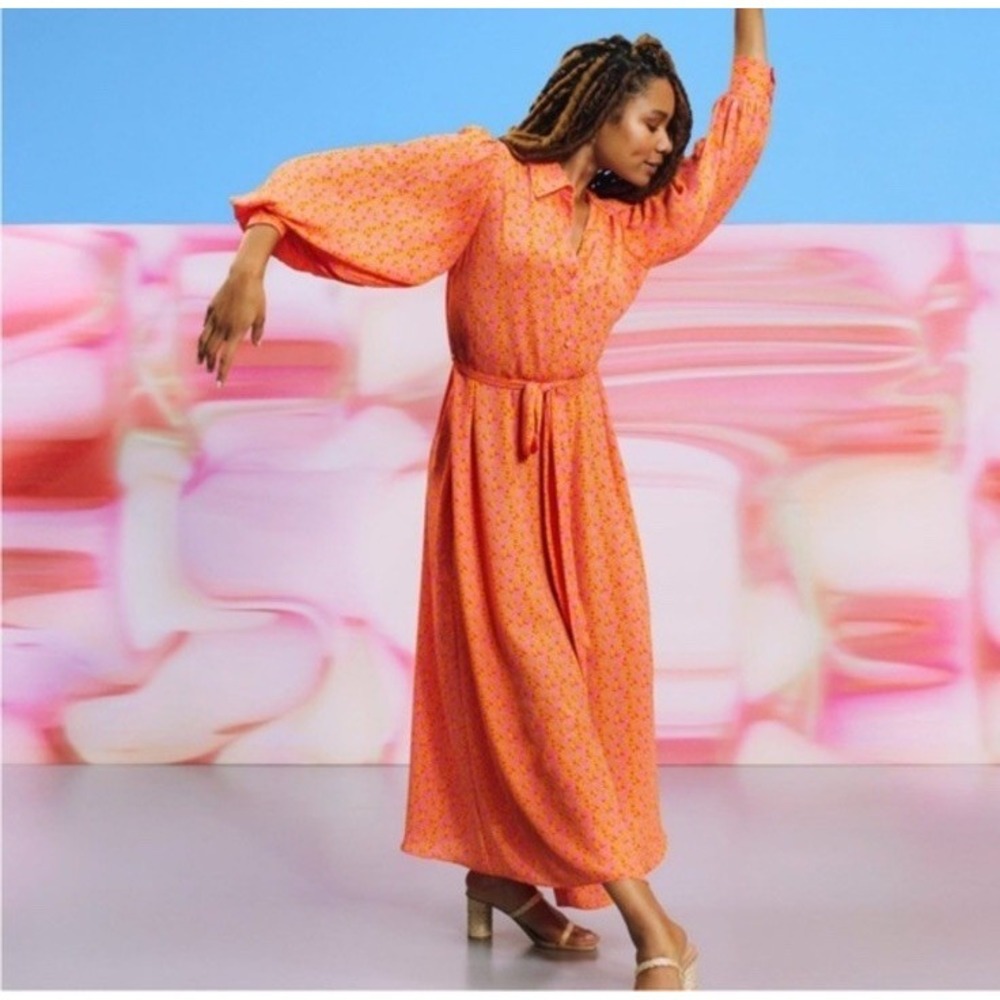NEW Alexis x Target Long Sleeve Button Front Robe Maxi Dress M Pink & Orange‎